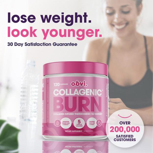 A clean, benefit-driven product ad featuring a collagen fat burner supplement with a strong weight loss and age-defying hook and social proof badge.
